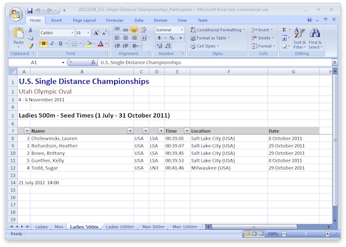 Single Distance Spreadsheet